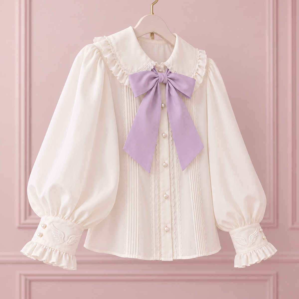 Angled view of the ivory angelic blouse with a lilac bow