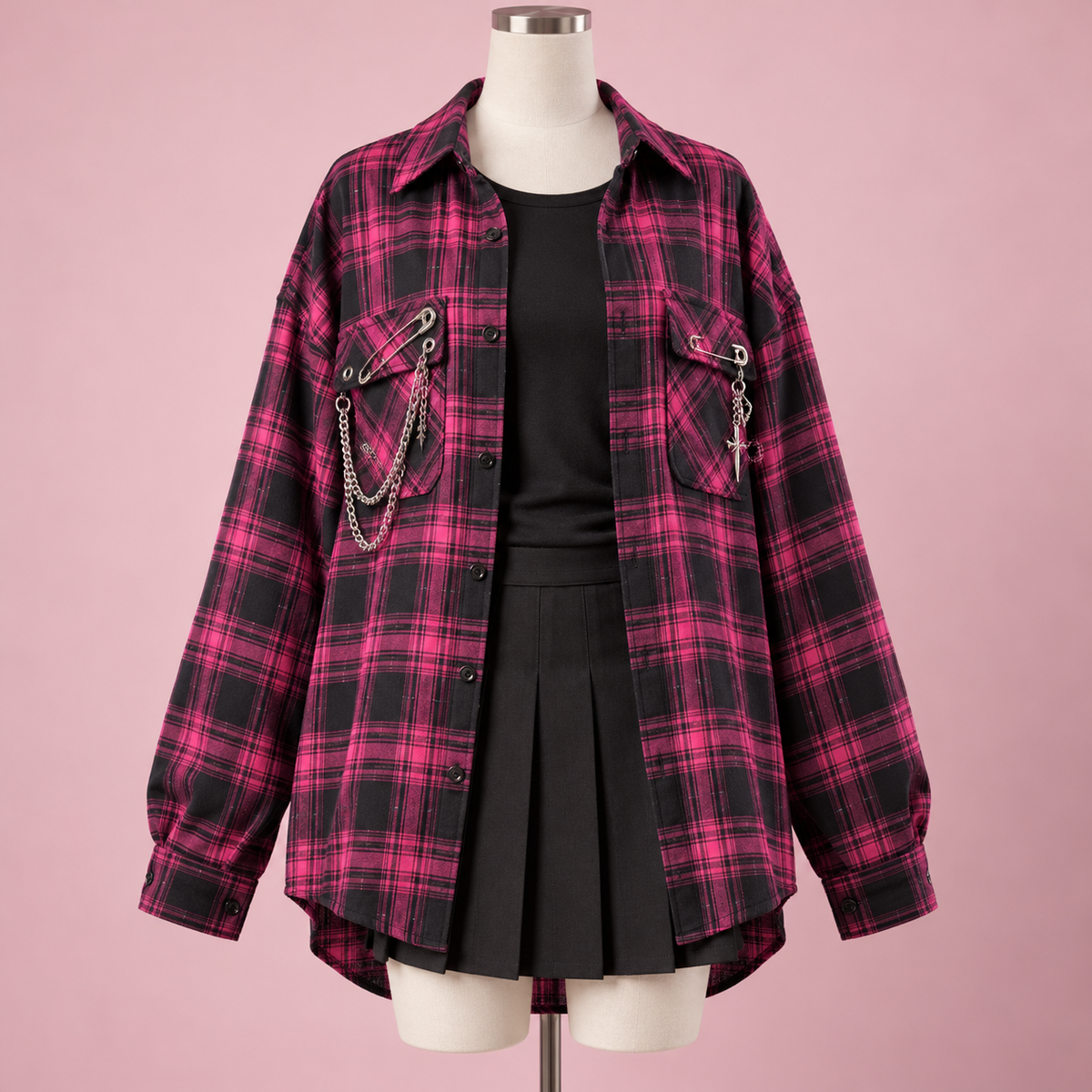 Plaid Gyaru shirt layered open over a black outfit