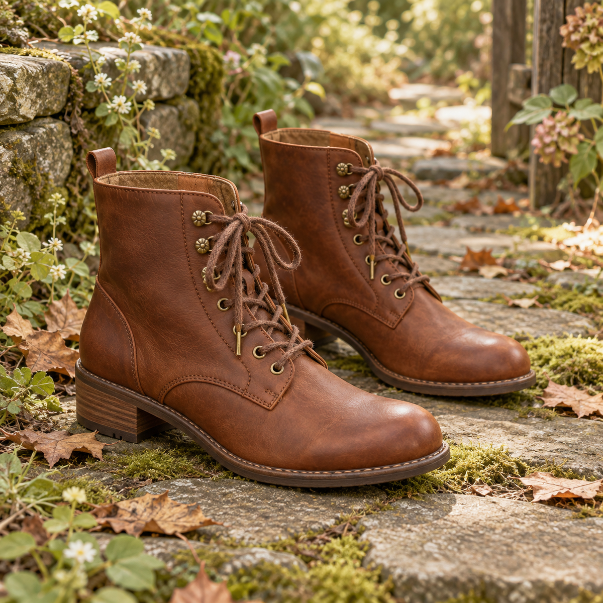 Pair of chestnut Mori Kei lace-up ankle boots with low heels