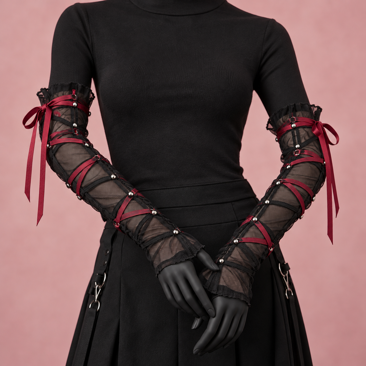 Black mesh Gyaru arm warmers styled on a mannequin