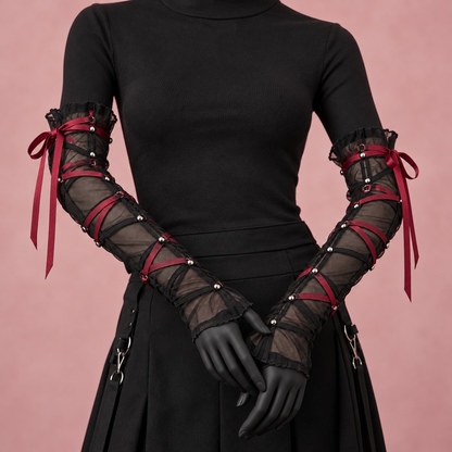Black mesh Gyaru arm warmers styled on a mannequin