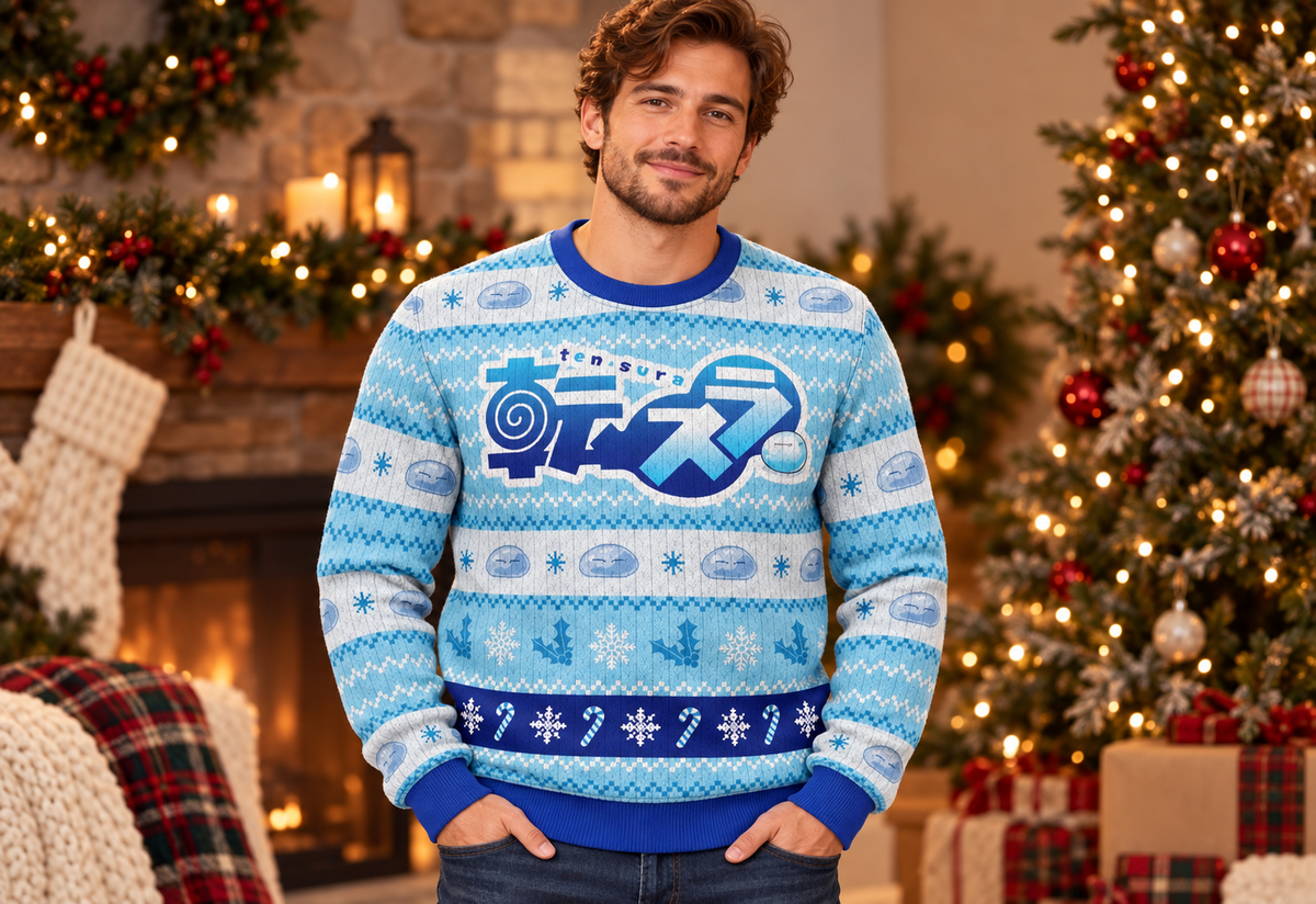 Slime Reincarnated sweater worn in a professional holiday studio photoshoot