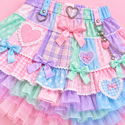 Detail of heart patches, bows, and tulle layers on a pastel Harajuku skirt