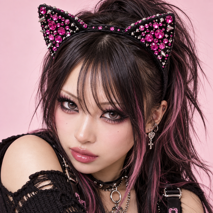 Gyaru model wearing a black cat-ear headband with pink rhinestones