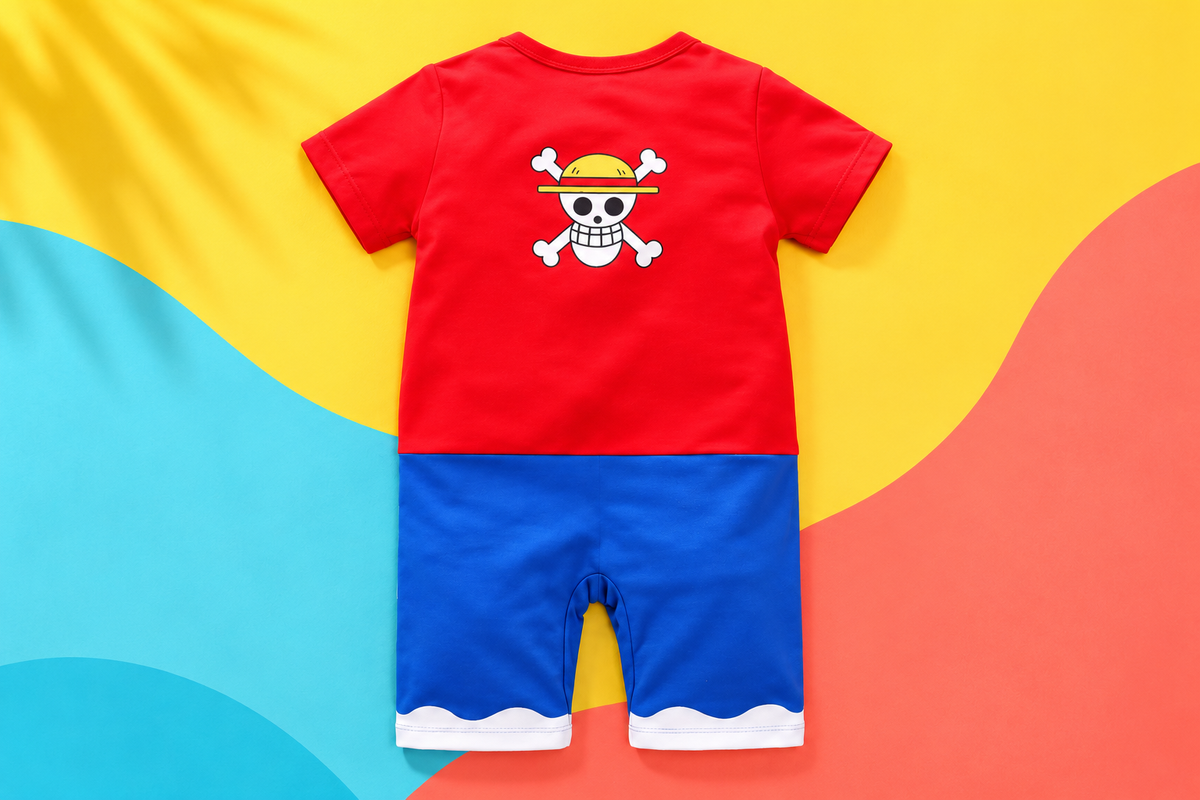 Vibrant back view of the Luffy-inspired baby romper on a yellow, aqua, and coral background