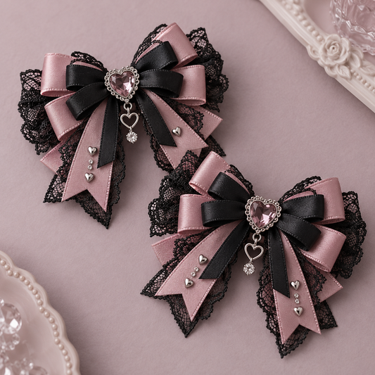 Pair of black and dusty rose Jirai Kei lace hair bows with heart charms