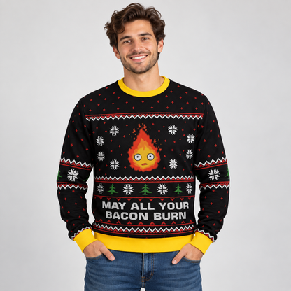 Model wearing the black Calcifer sweater with yellow trim and flame motif