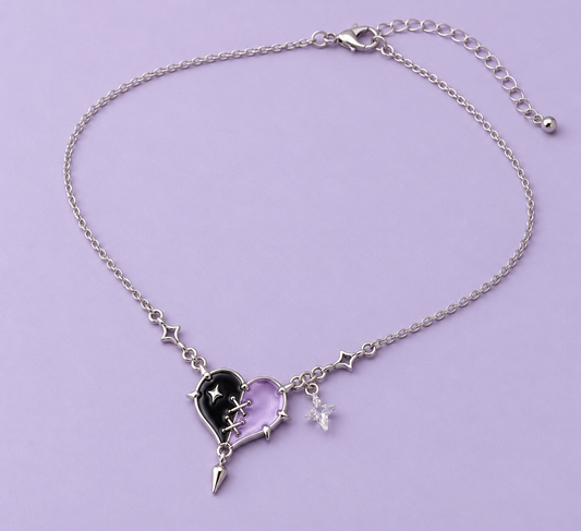 Silver-tone Yami Kawaii necklace with black and lavender split-heart pendant