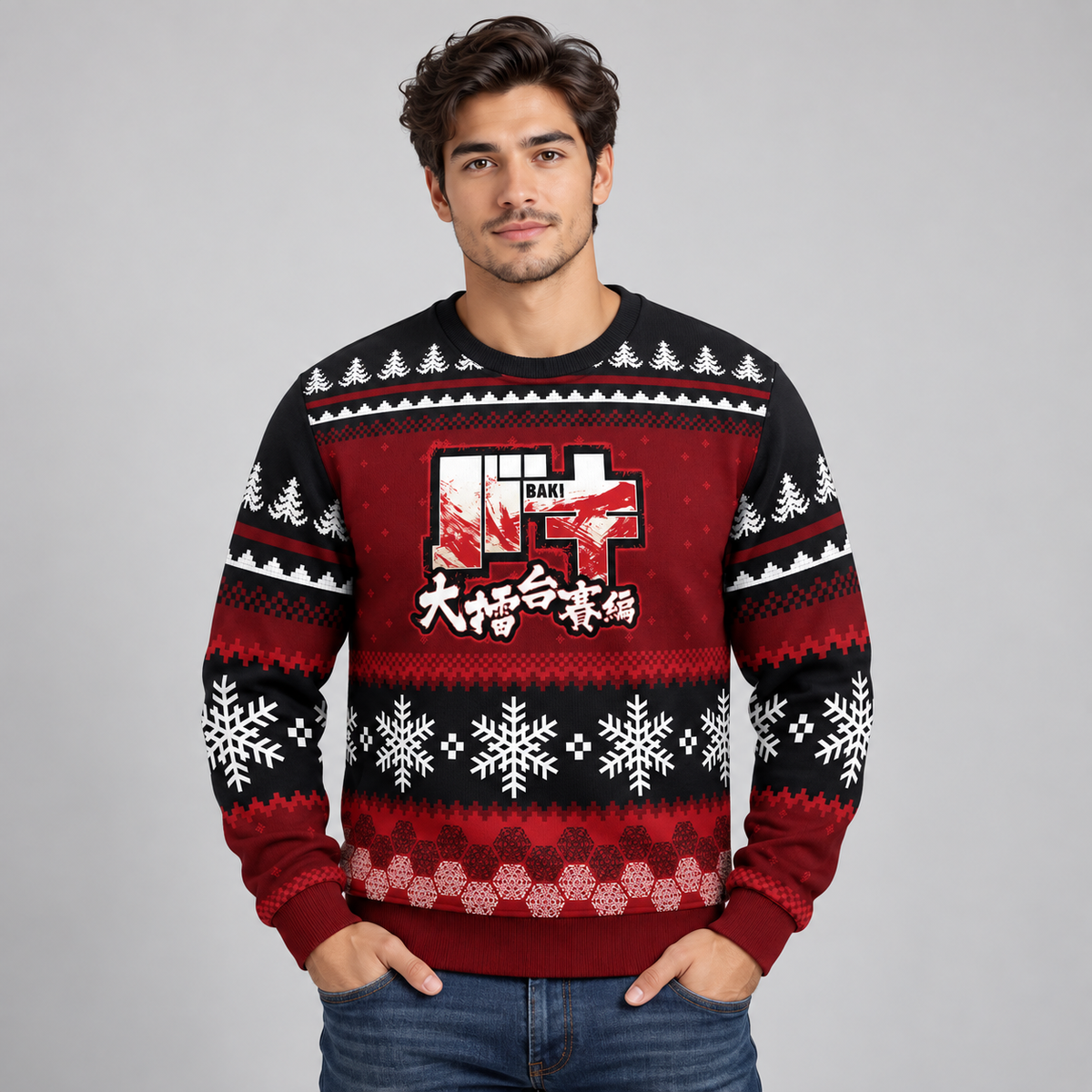 Model wearing the Baki black and deep red Christmas sweater with white snowflakes