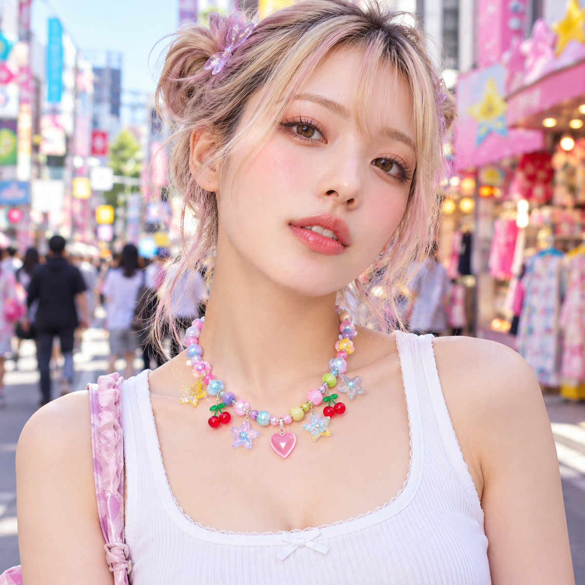 Model wearing a colorful pastel Harajuku charm necklace