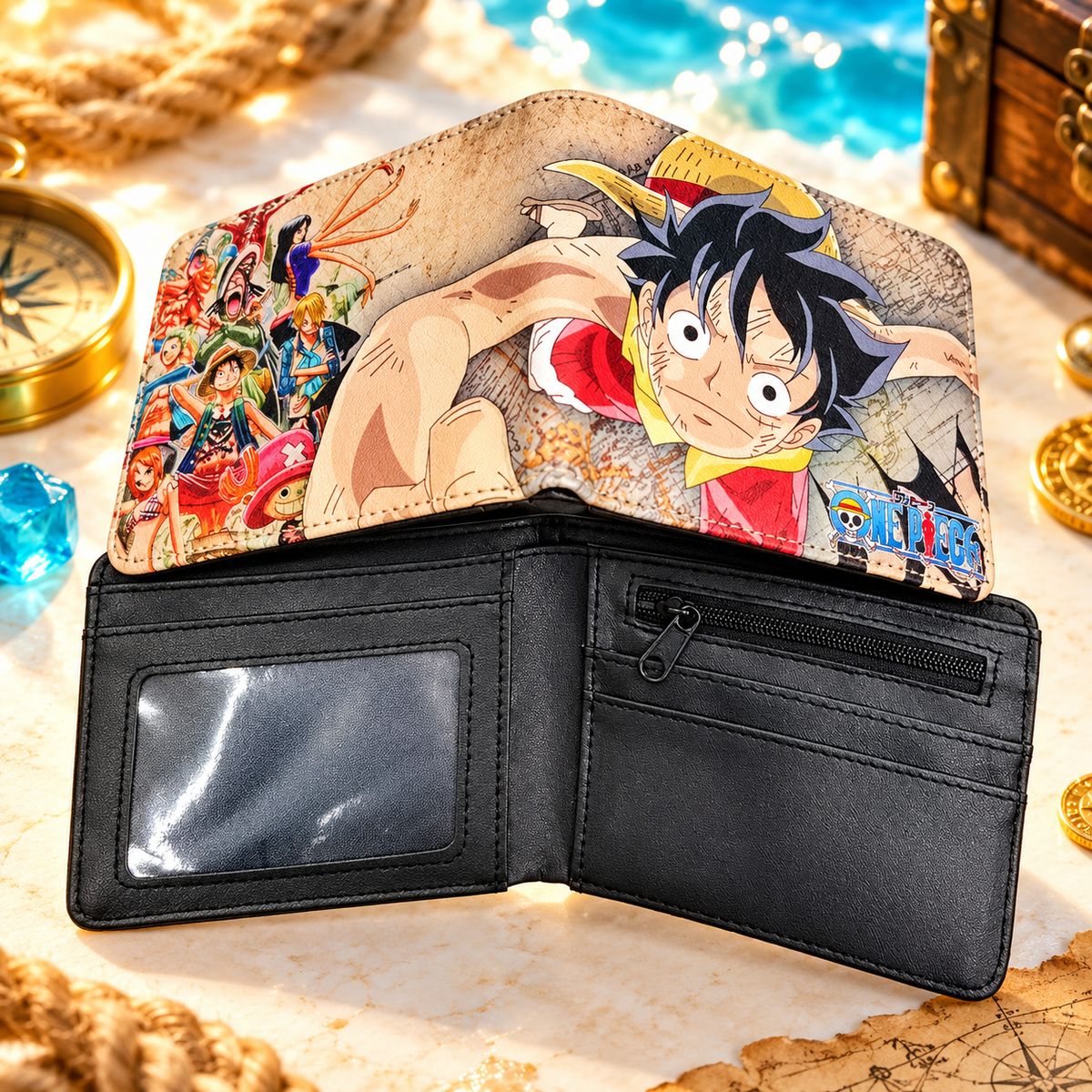 Open Luffy Crew wallet showing interior card slots and zip pocket