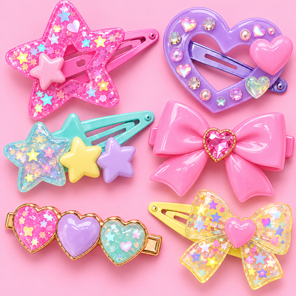 Close-up of glossy pastel star and heart Harajuku hair clips