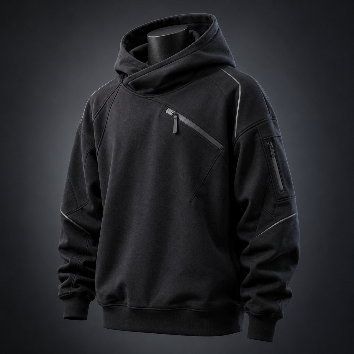Black oversized techwear hoodie with raised hood and diagonal zip pocket
