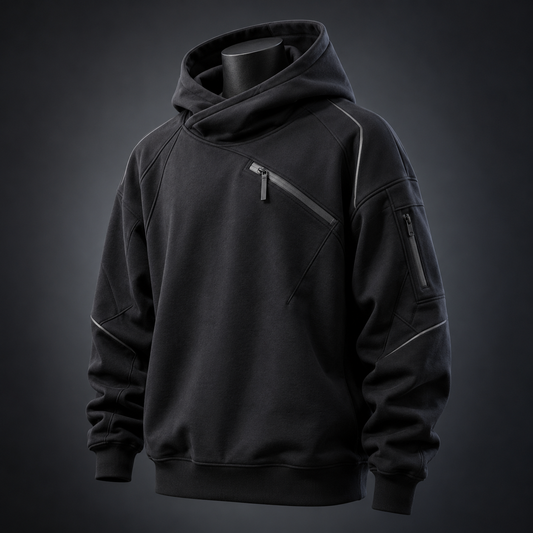 Black oversized techwear hoodie with raised hood and diagonal zip pocket