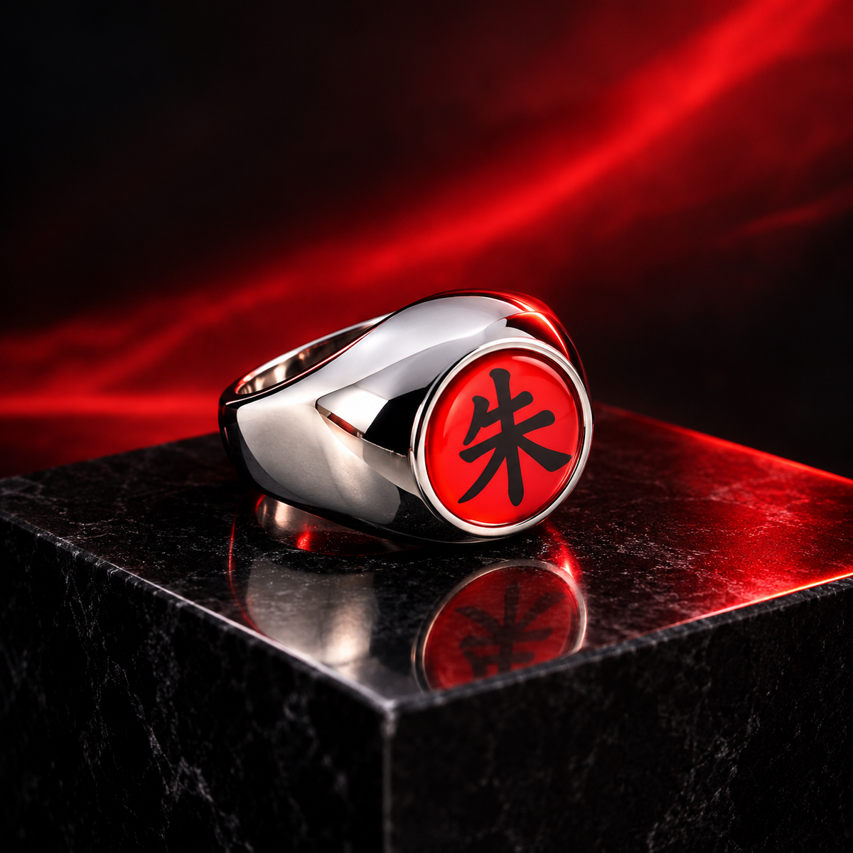 Itachi Shu Akatsuki ring in three-quarter view on a dark crimson-lit pedestal