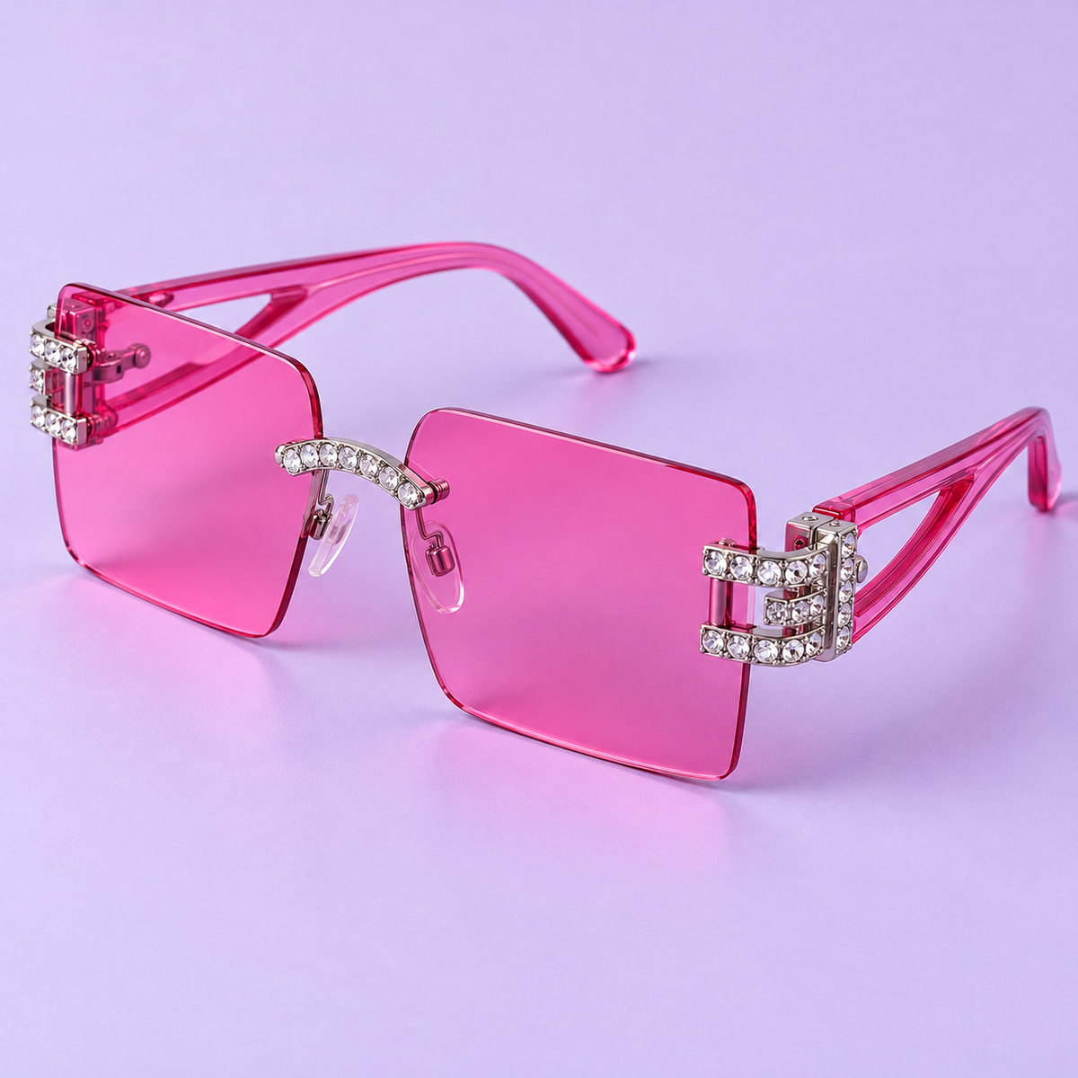 Three-quarter detail of pink lenses and rhinestone temple accents