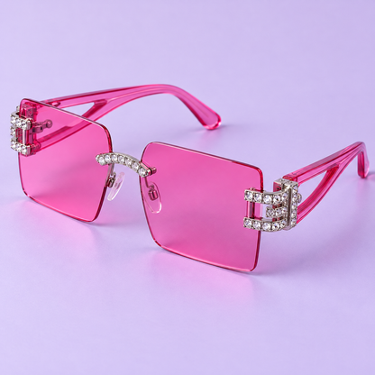 Three-quarter detail of pink lenses and rhinestone temple accents