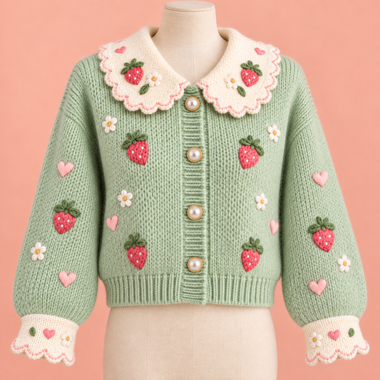 Mint green Harajuku cardigan with strawberry embroidery and scalloped cream collar