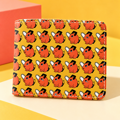 Pochita Expressions Anime Wallet on a bright golden display