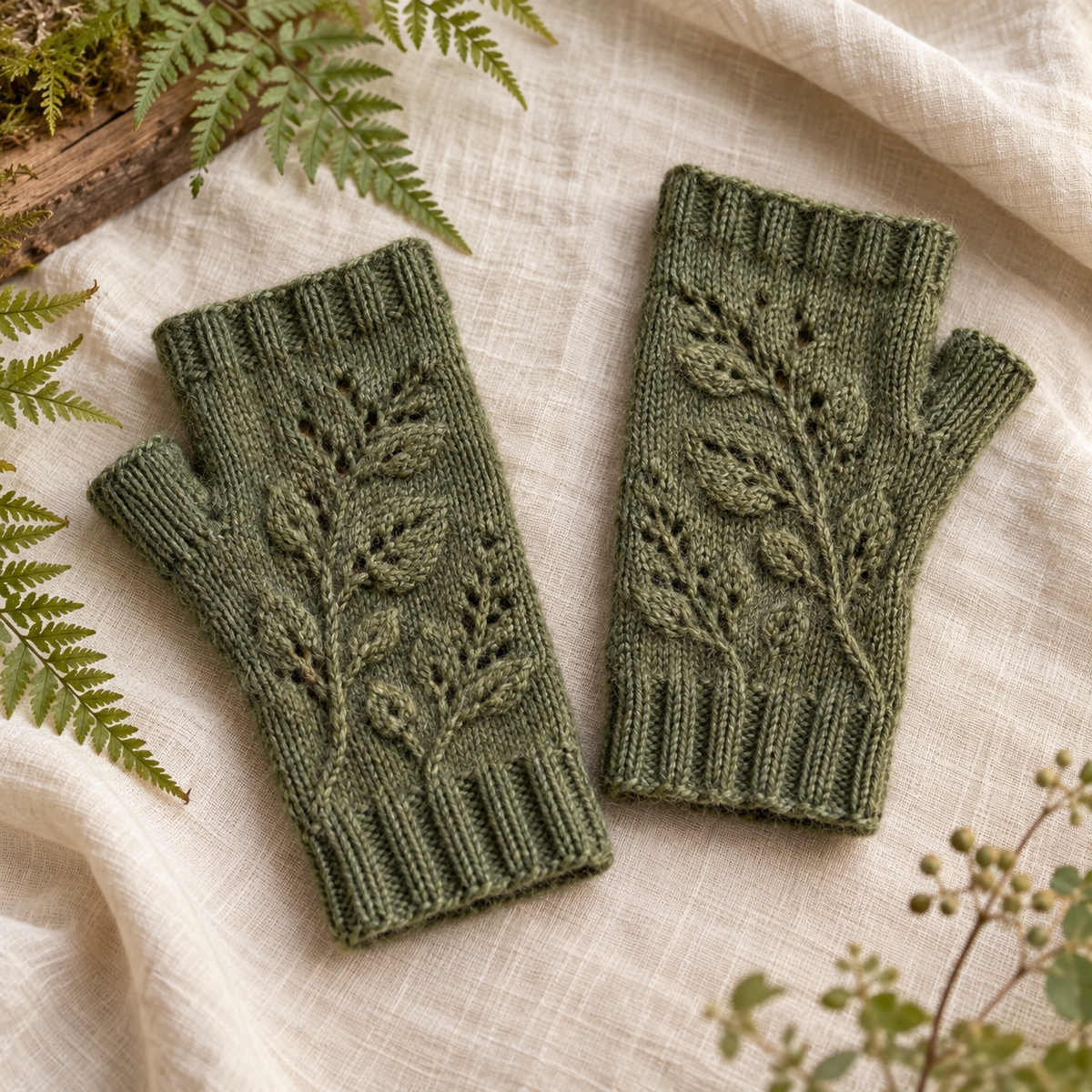 Pair of moss-green Mori Kei fingerless gloves with leafy knit pattern