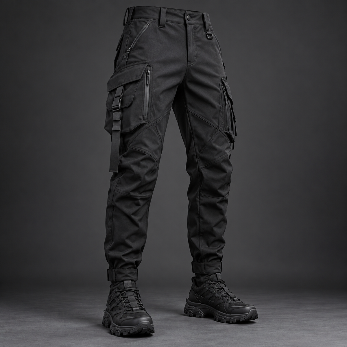 Black tapered techwear cargo trousers with zip utility pockets