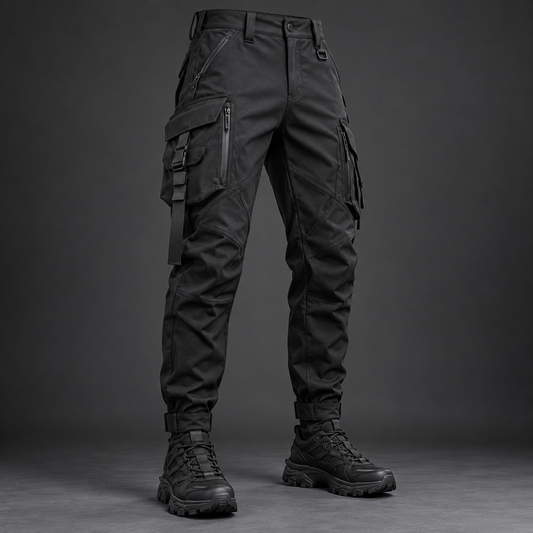 Black tapered techwear cargo trousers with zip utility pockets