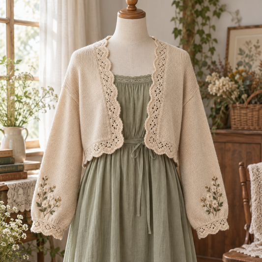 Oatmeal cropped Mori Kei shrug with scalloped edging and embroidered cuffs