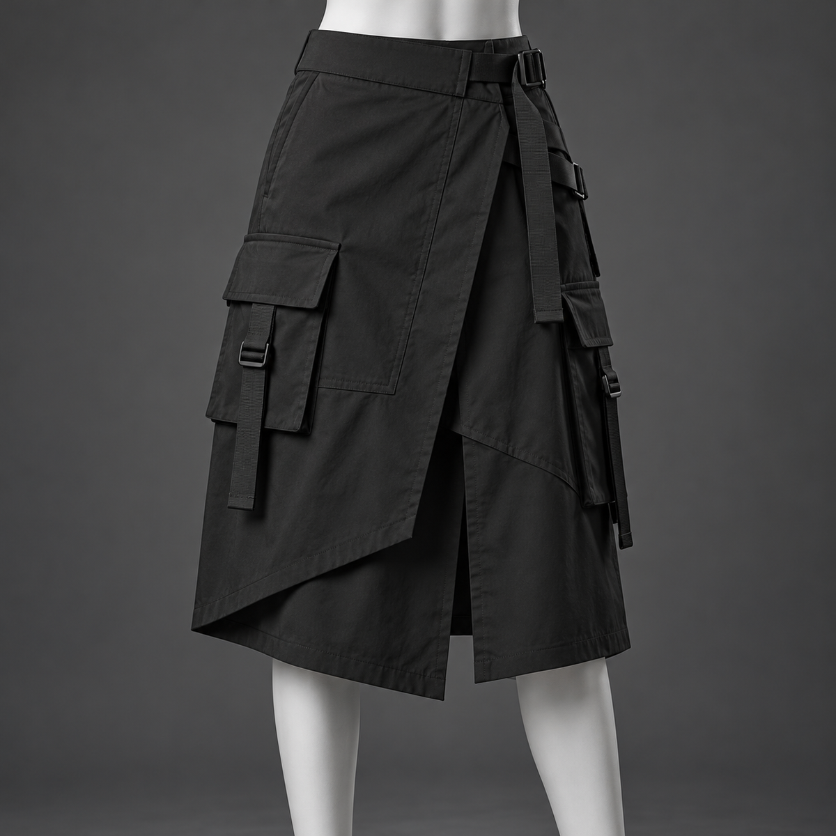 Black asymmetric techwear cargo skirt with layered panels and utility pockets