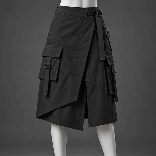 Black asymmetric techwear cargo skirt with layered panels and utility pockets