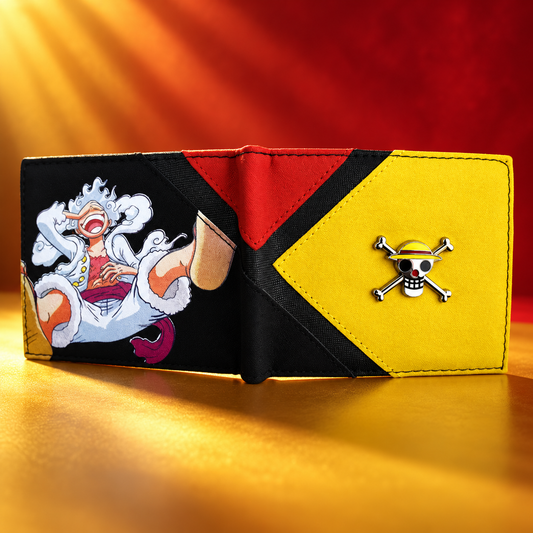 Nika Luffy wallet open with character art and skull emblem