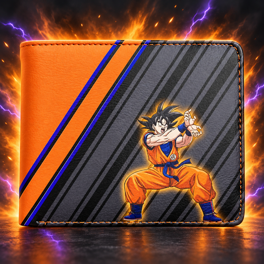 Goku Aura wallet straight-on closed front view with orange charcoal and violet panels