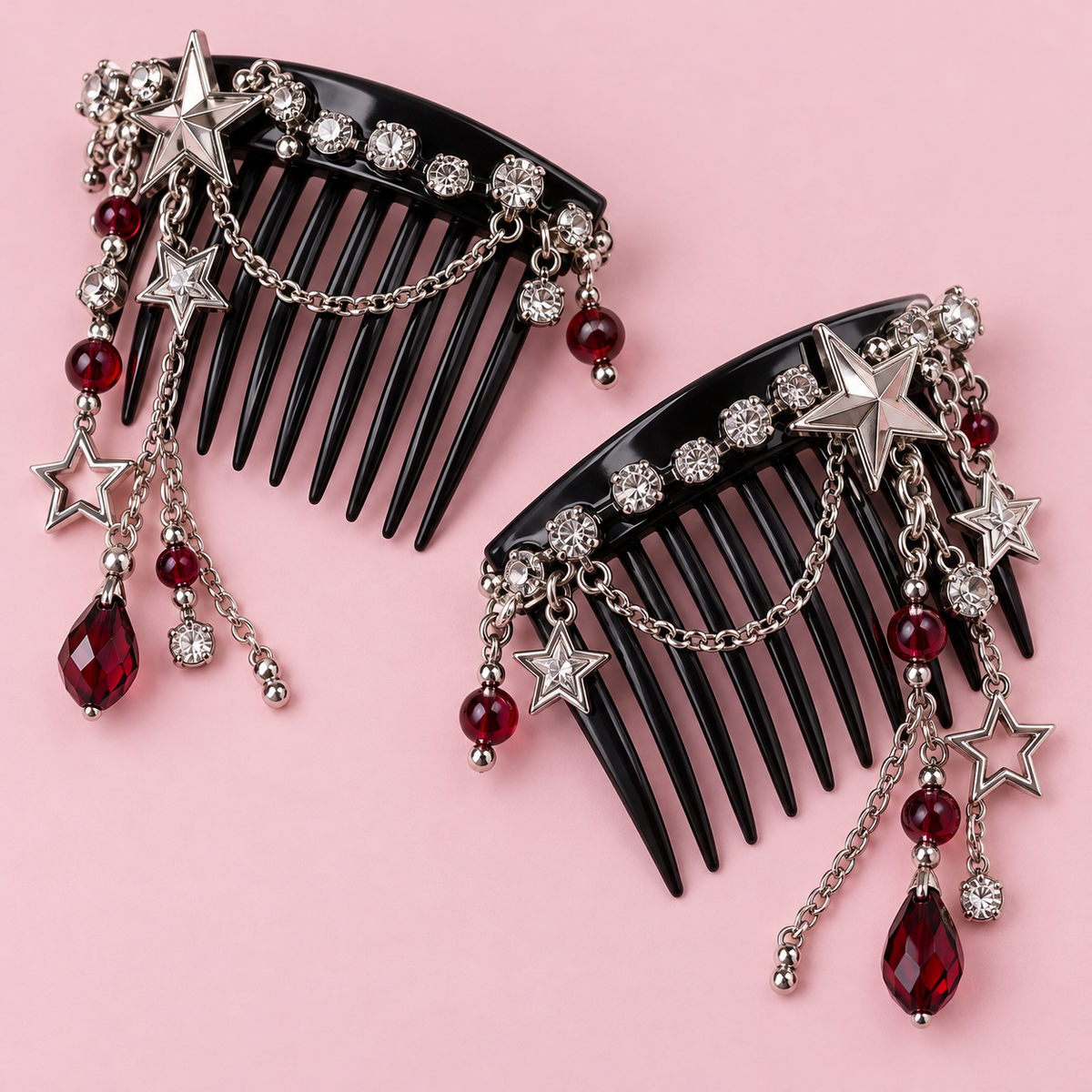 Close-up of star charms and chains on black Gyaru hair combs