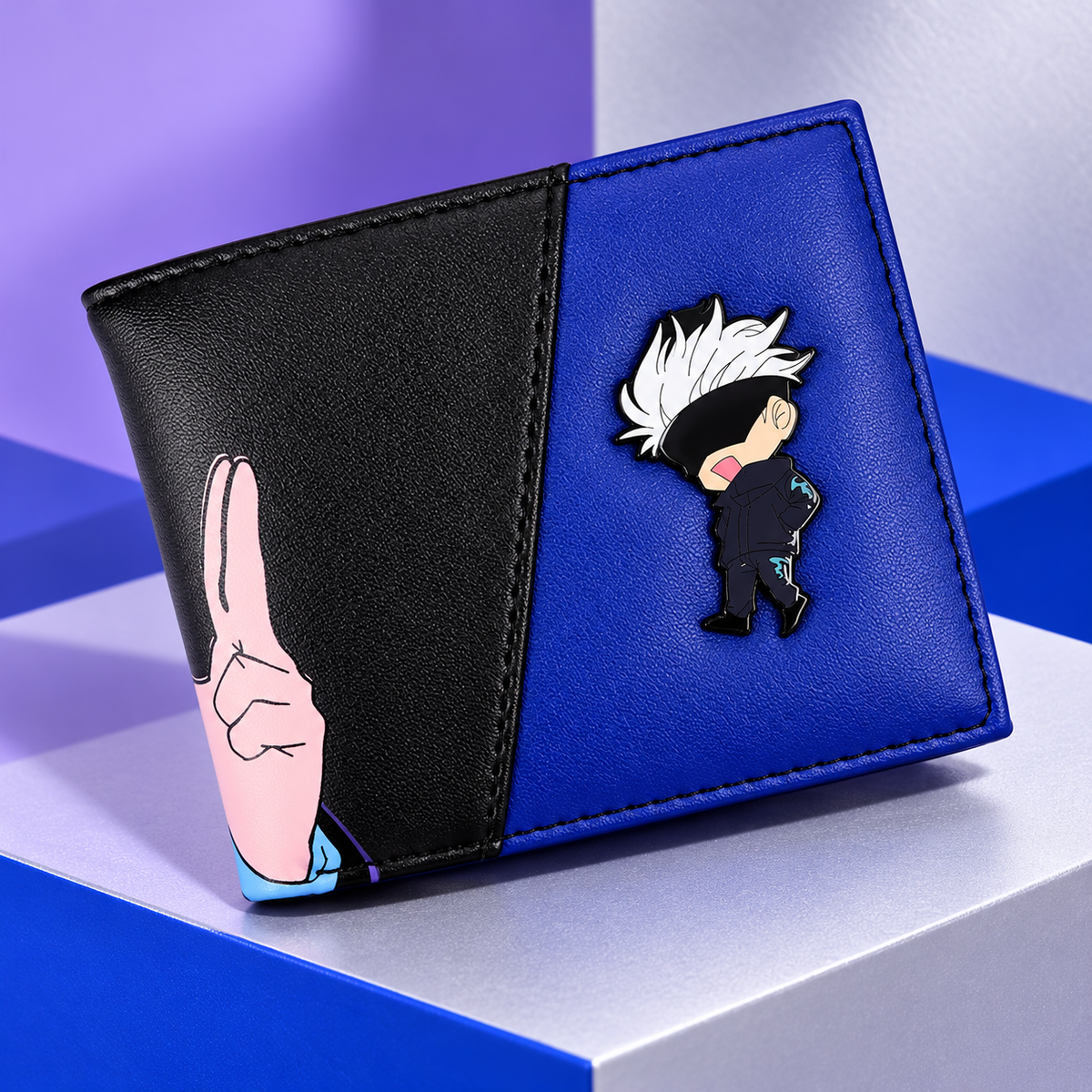 Gojo Anime Wallet front with cobalt blue chibi panel and black hand-sign panel