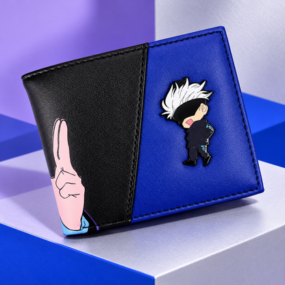 Gojo Anime Wallet front with cobalt blue chibi panel and black hand-sign panel