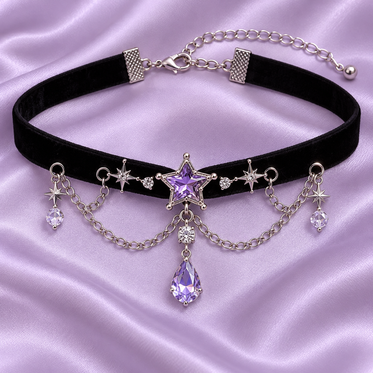 Close-up of violet star charm and silver chain details on a black Gyaru choker