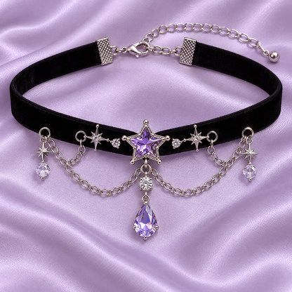 Close-up of violet star charm and silver chain details on a black Gyaru choker