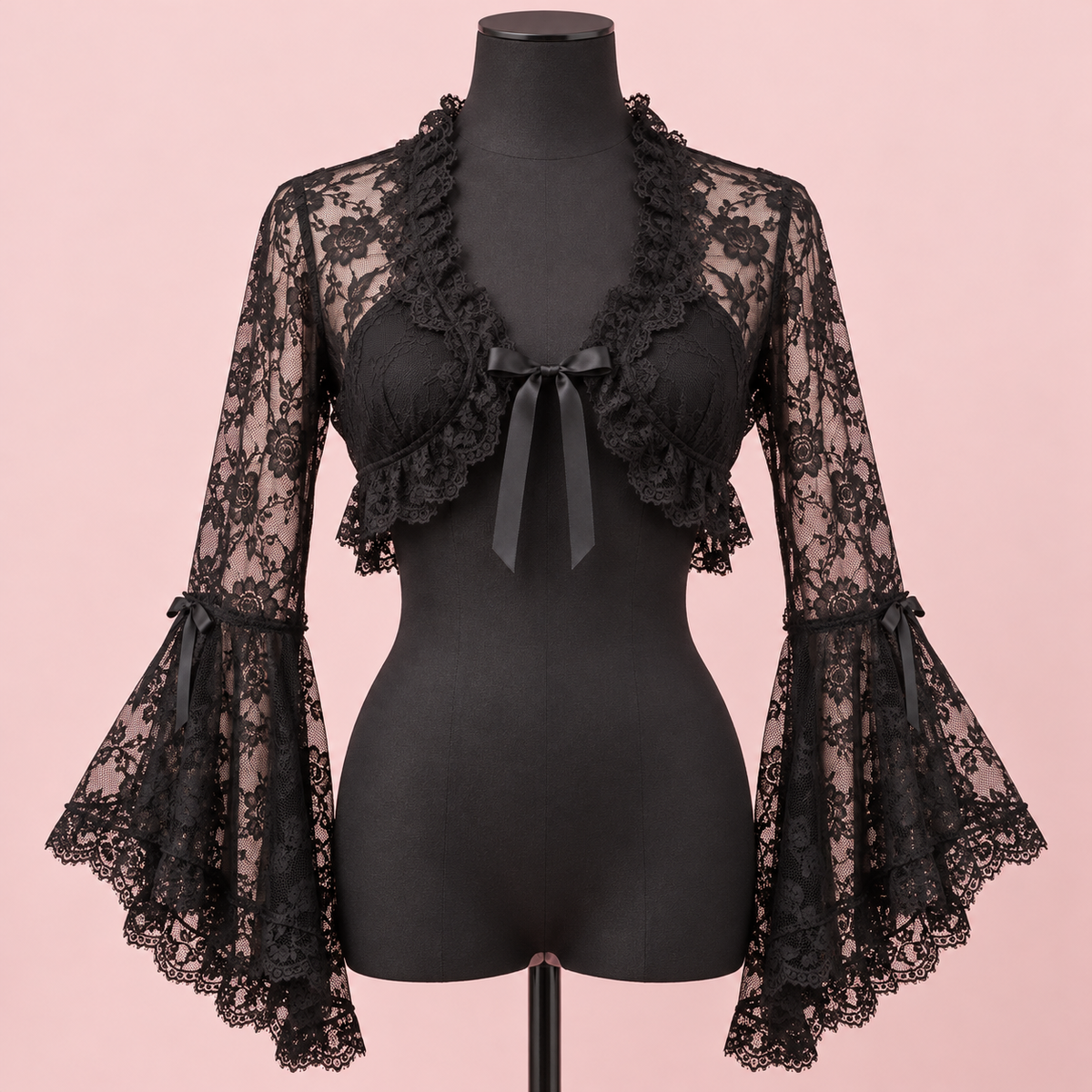 Black lace Gyaru bolero with flared sleeves and front bow