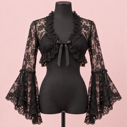 Black lace Gyaru bolero with flared sleeves and front bow