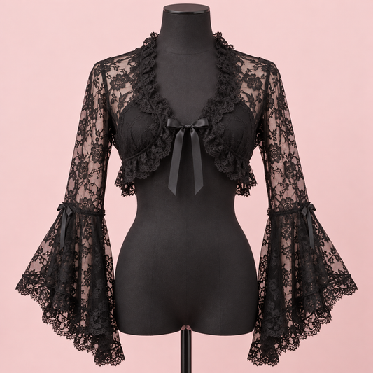 Black lace Gyaru bolero with flared sleeves and front bow