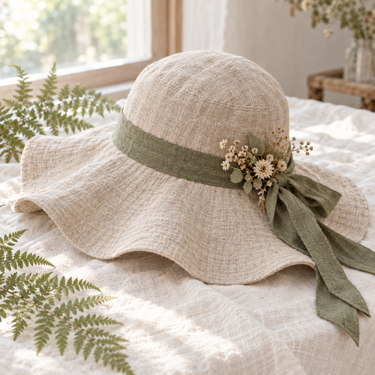 Oatmeal Mori Kei wide-brim hat with olive ribbon and dried-flower accent