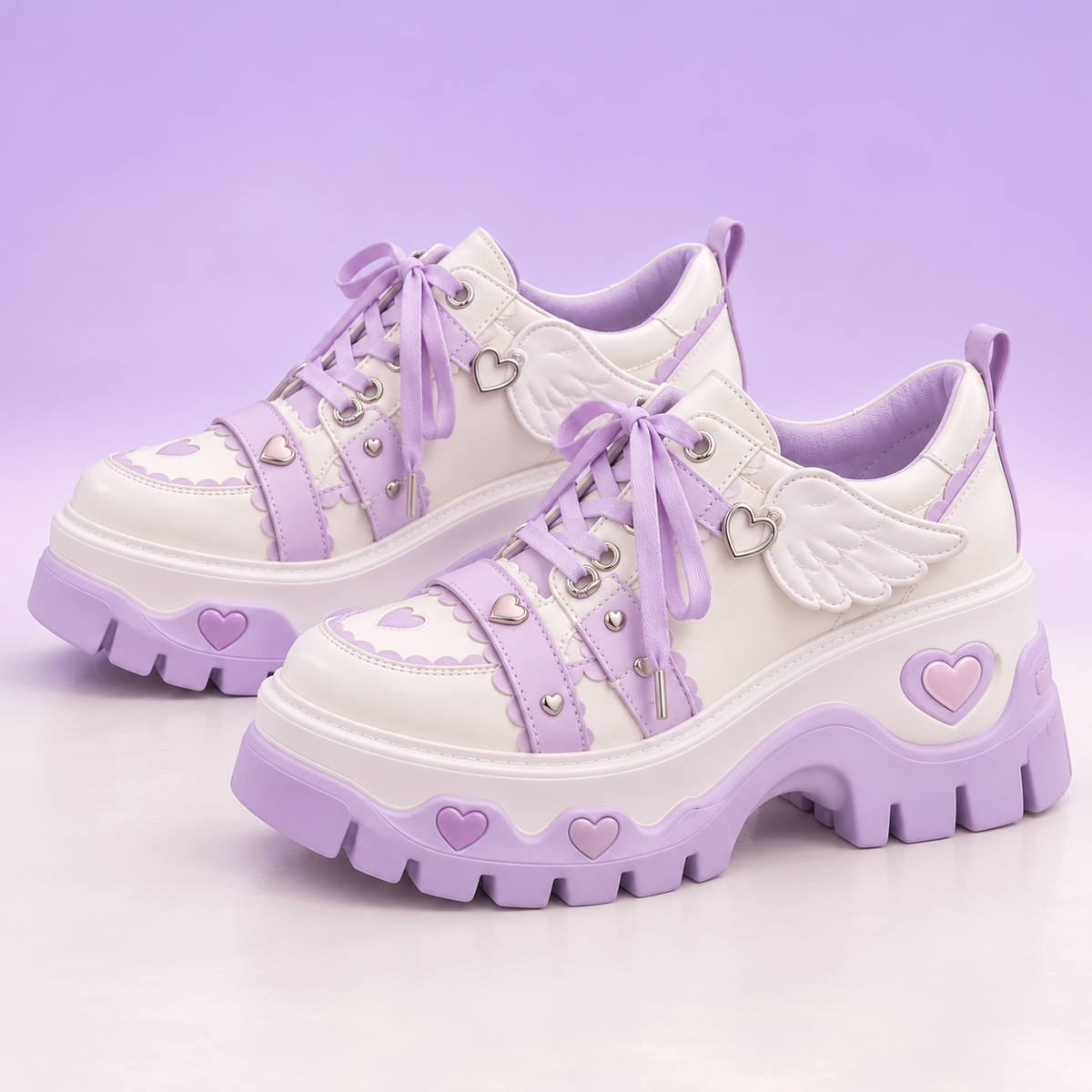 Side profile of chunky lavender angel wing platform shoes