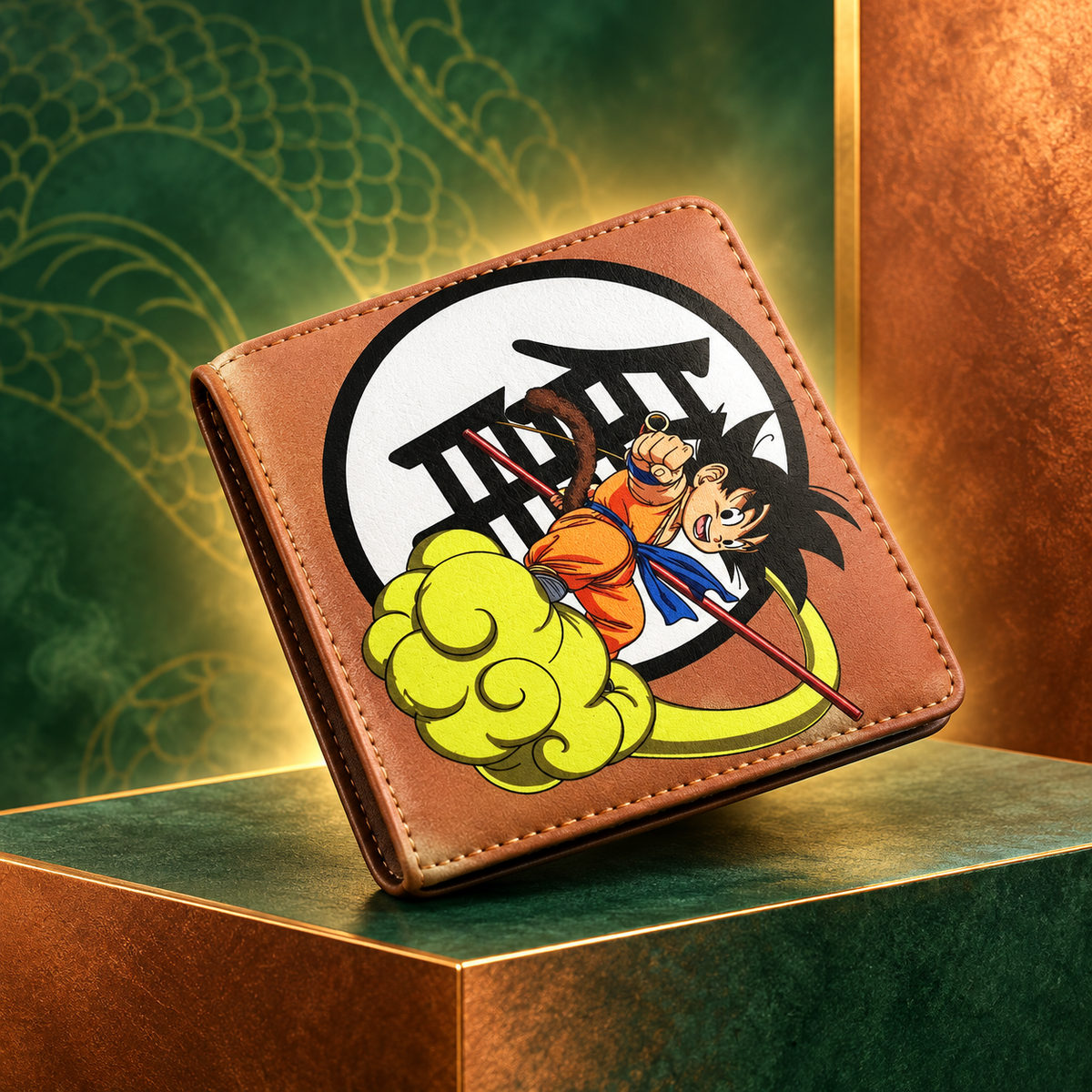 Angled closed Son Goku Shenron wallet with visible bifold edge