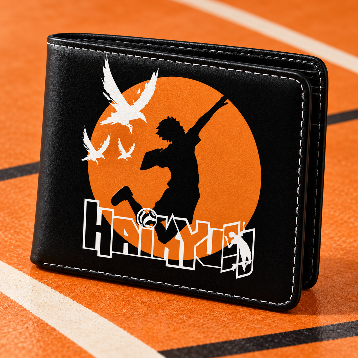 Shoyo Hinata Haikyu wallet angled on volleyball court inspired backdrop