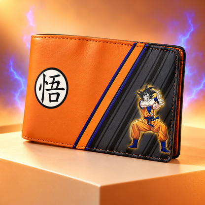 Goku Aura wallet angled closed view showing the 悟 emblem