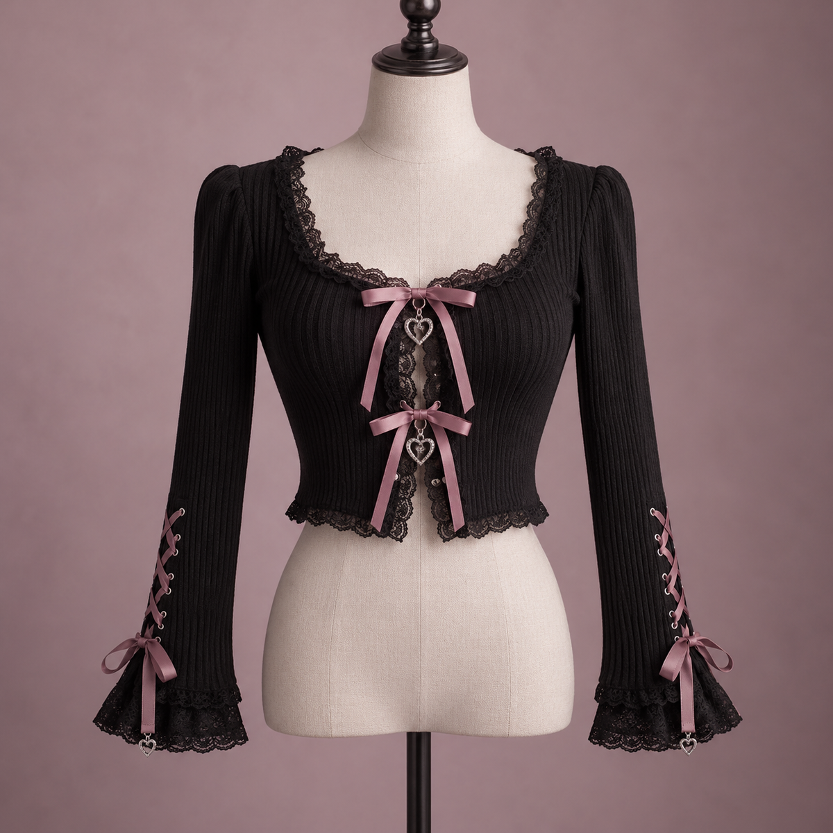 Black Jirai Kei cardigan with dusty rose ribbons and lace trim