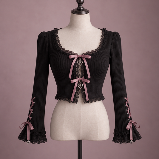 Black Jirai Kei cardigan with dusty rose ribbons and lace trim