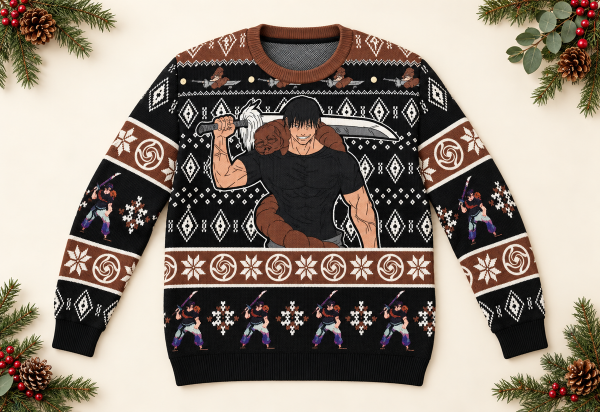 Toji anime sweater styled as a flat lay product photo