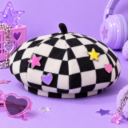 Black and white checkerboard Harajuku beret with colorful heart and star pins