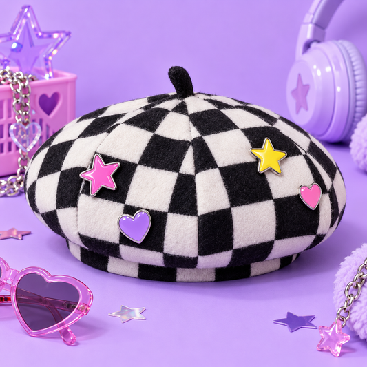 Black and white checkerboard Harajuku beret with colorful heart and star pins