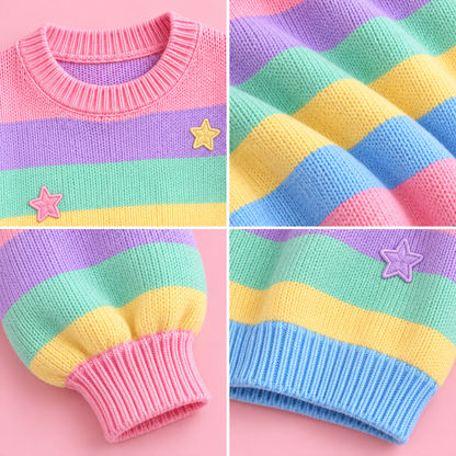 Close-up of pastel knit stripes and star patches on Harajuku sweater